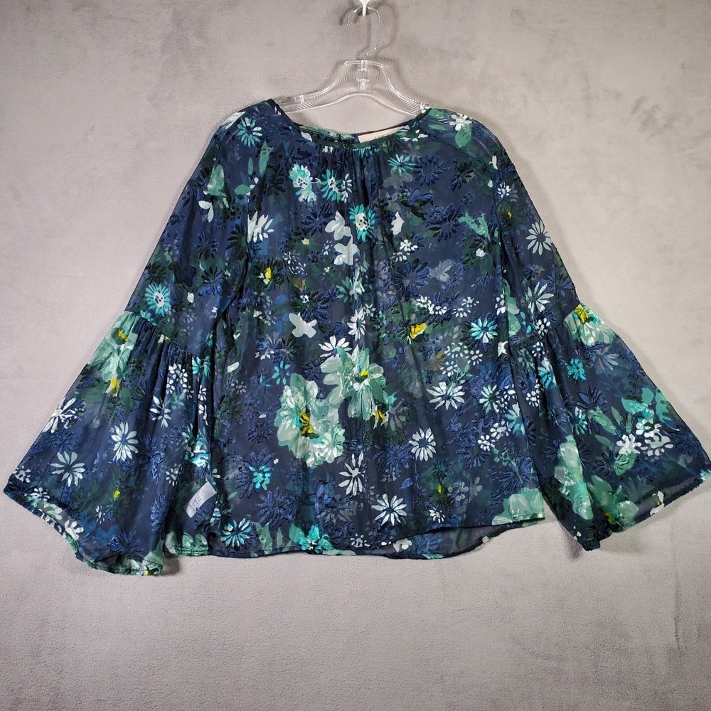 LOFT Top Womens‎ S Blue Green Floral Sheer Flowy Flared Long Sleeve Boho Chic